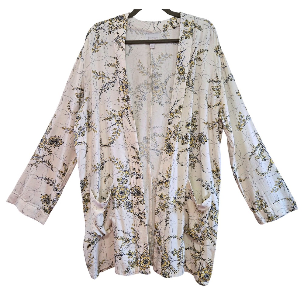 Hinge Women's M Boho Cream Yellow Sashiko Floral Print Kimono Jacket Pockets